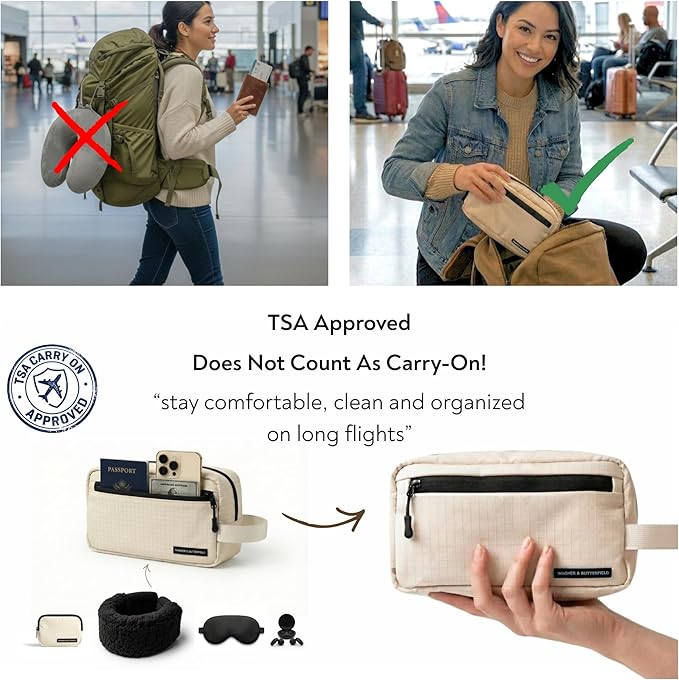 Slim Travel Neck Pillow for Long Flights, 360Β° Memory Foam Support Travel Neck Pillow with Premium Airplane Comfort Essentials 5pc Set, Best for Sleeping on Airplanes, Cars, Trains | Compact Bag