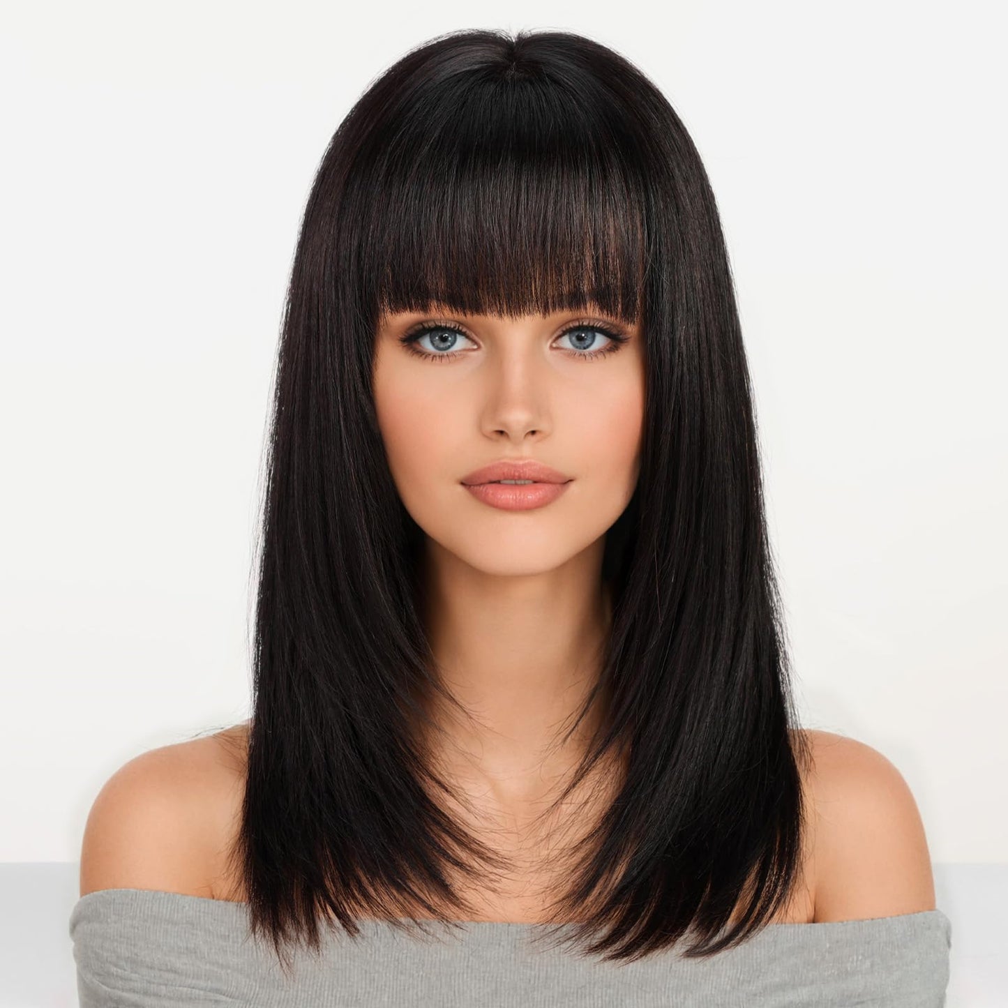 Kku 16 Inch Ombre Ash Blonde Human Hair Wigs For Women,Layered Straight Hair Wig With Bangs,Wear Natural Realism