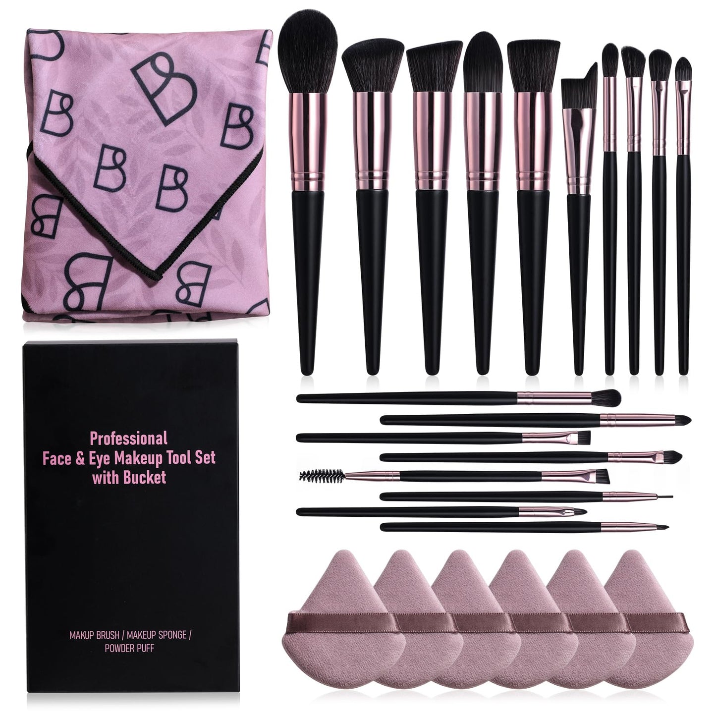 BS-MALL Makeup Brushes Set 25 Pcs with Triangle Puff β Travel-Friendly Magic Tape Storage Bag for Brush Organization