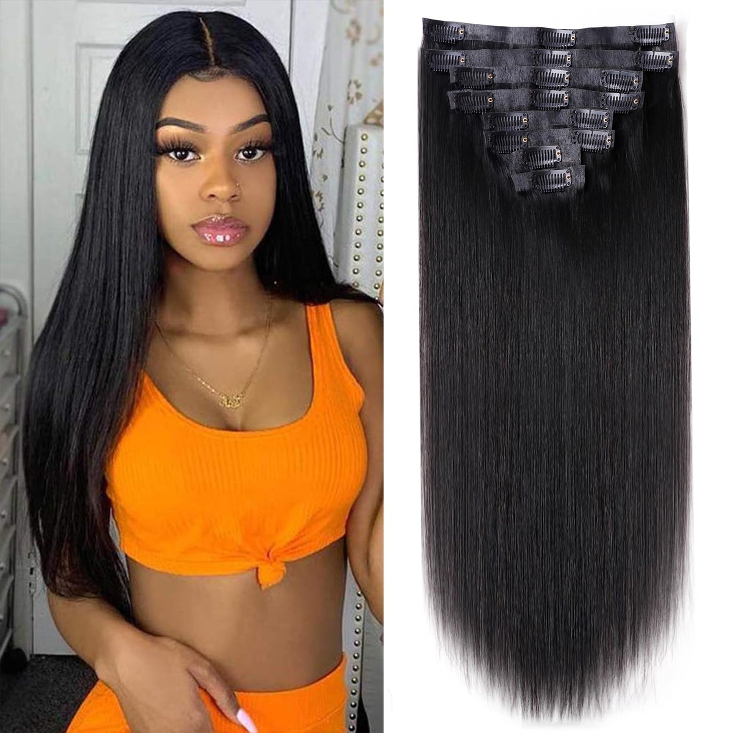 Seamless Clip In Hair Extensions Real Human Hair Straight Brazilian Virgin Human Hair Clip In Extensions For Women 8Pcs Pu Clip