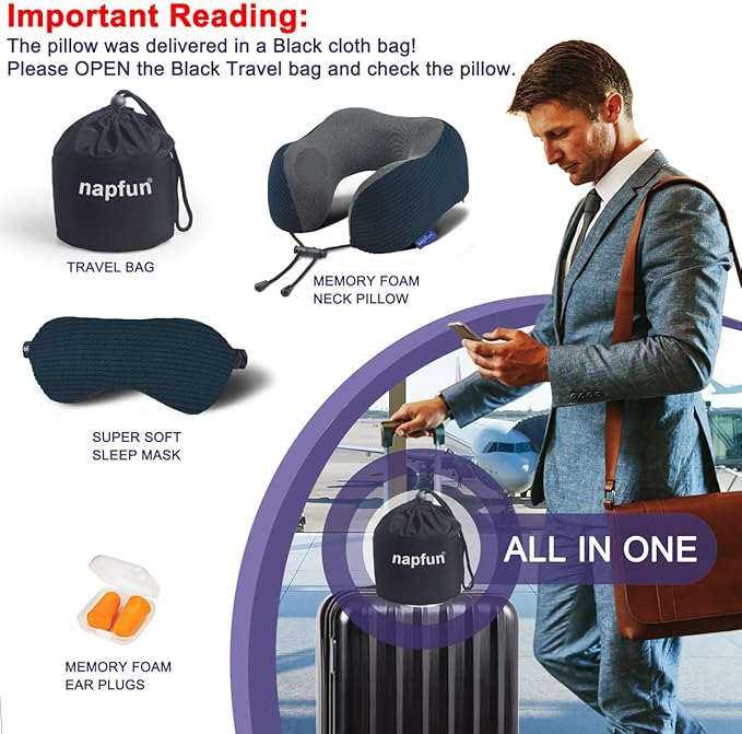 napfun Neck Pillow for Traveling, Upgraded Travel Neck Pillow for Airplane 100% Pure Memory Foam Travel Pillow for Flight Headrest Sleep, Portable Plane Accessories, Deep Blue Striped Kit