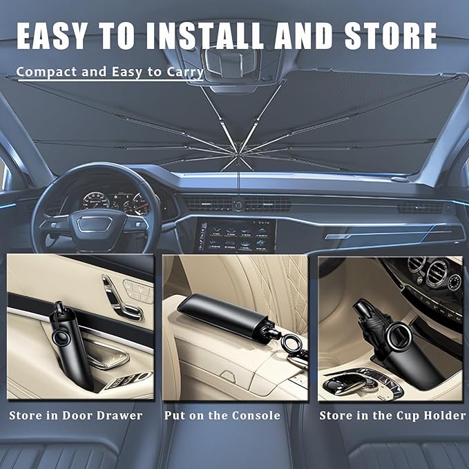 JDDRY Car Front Windshield Sun Shade with Pull Cord, Umbrella Sun Shade for Windshield, 2024 Upgrade Car Umbrella Sunshade, for Tesla (142x95cm/55.9"X37.4")