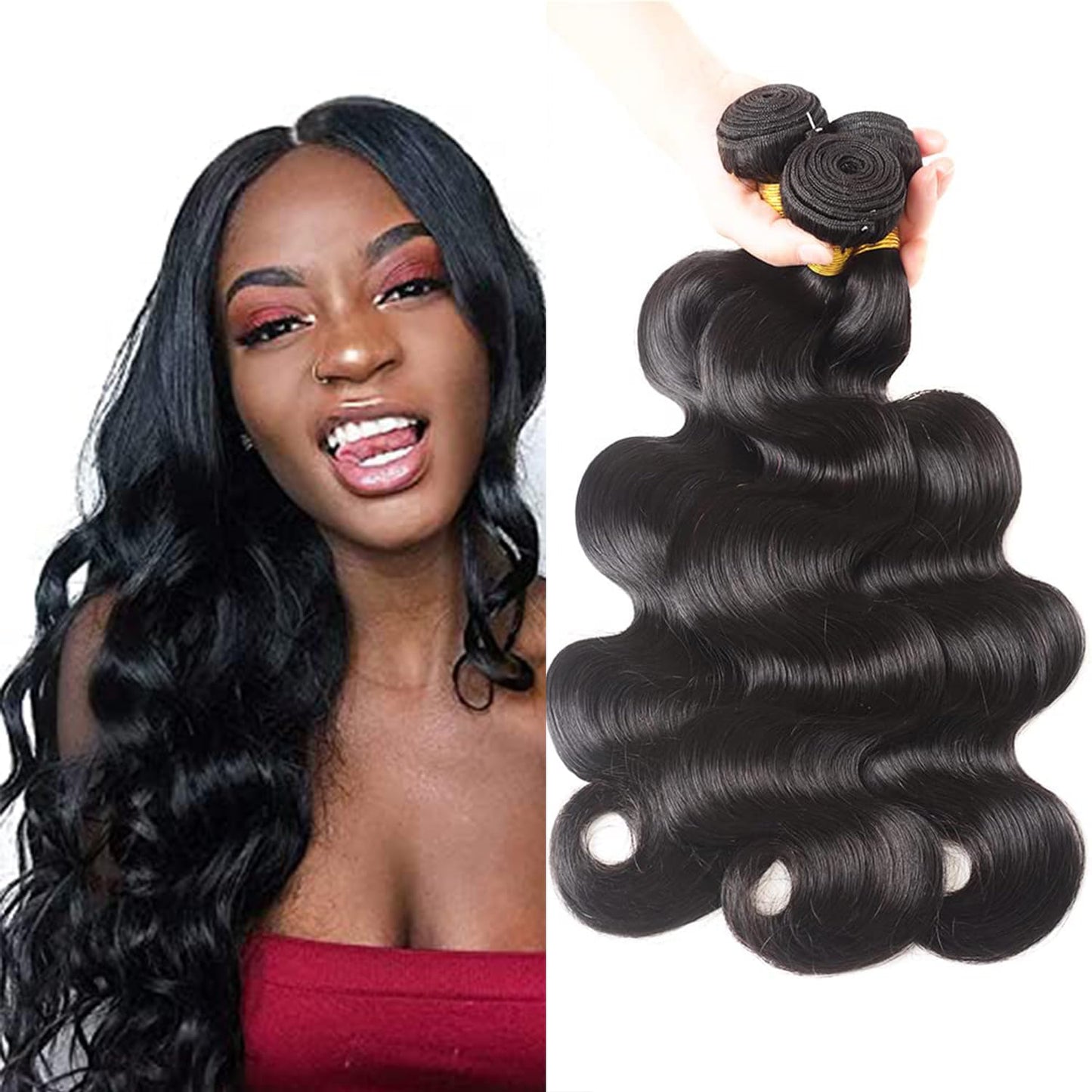 Selina Brazilian Body Wave Bundles - Human Hair Bundles (10 12 14, Body) - Full Head Set, Remy Hair, Unprocessed, Natural Black