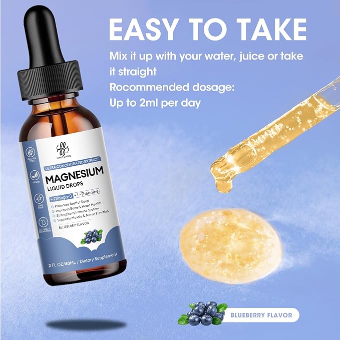 Magnesium Glycinate Liquid, Magnesium Complex Supplement with Omega3, L-Theanine and Vitamin for Calm, Sleep Support, Muscle Relief, Non GMO, Blueberry Flavor, 2 Fl Oz