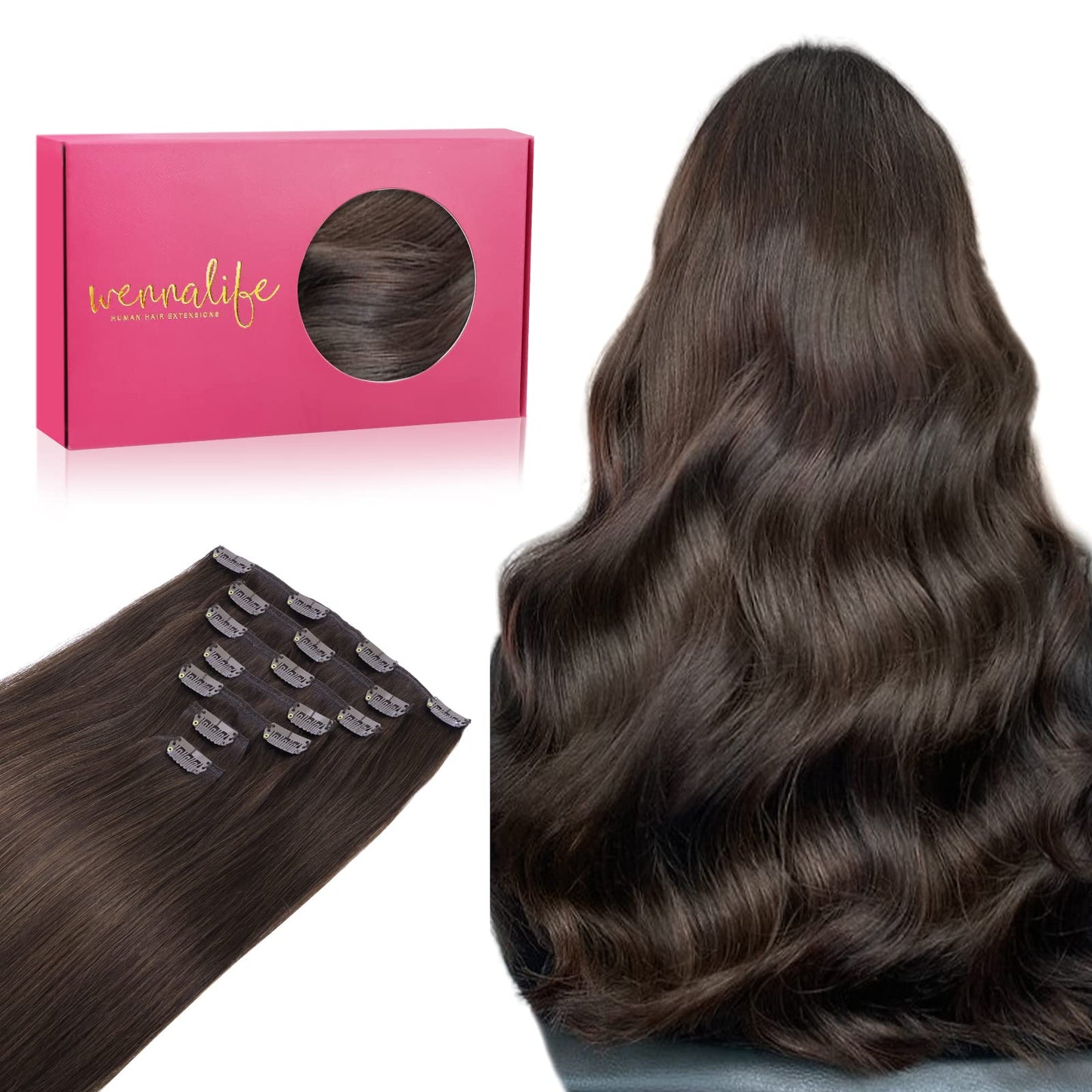 Wennalife Clip In Hair Extensions, 20 Inch 120G 7Pcs Light Dark Brown Hair Extensions Clip In Human Hair Remy Clip In Hair Exten