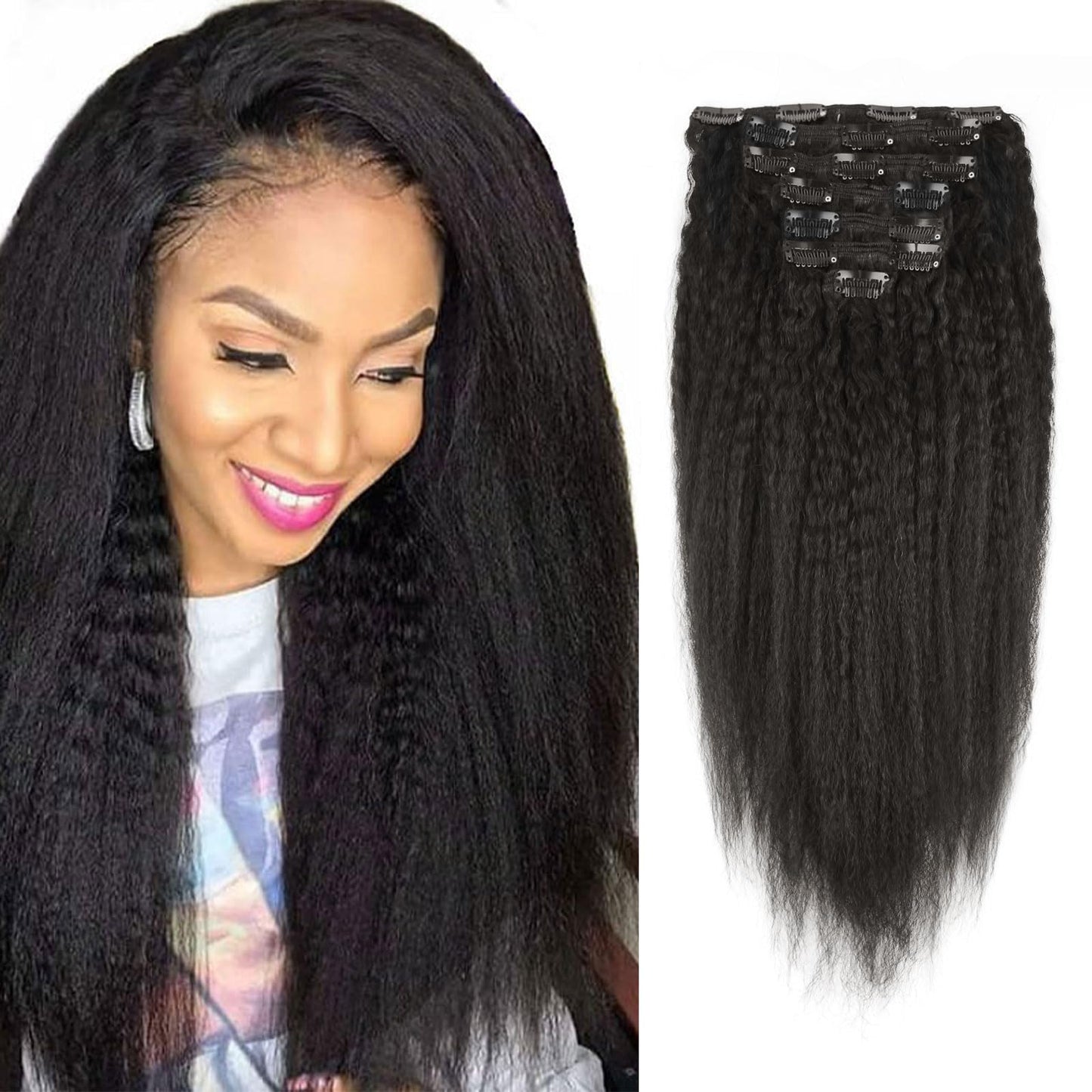 Sassina Afro Kinky Straight Clip-Ins Human Hair Extensions For Black Women Natural Color Double Weft Clip On Remy Hair Exensions