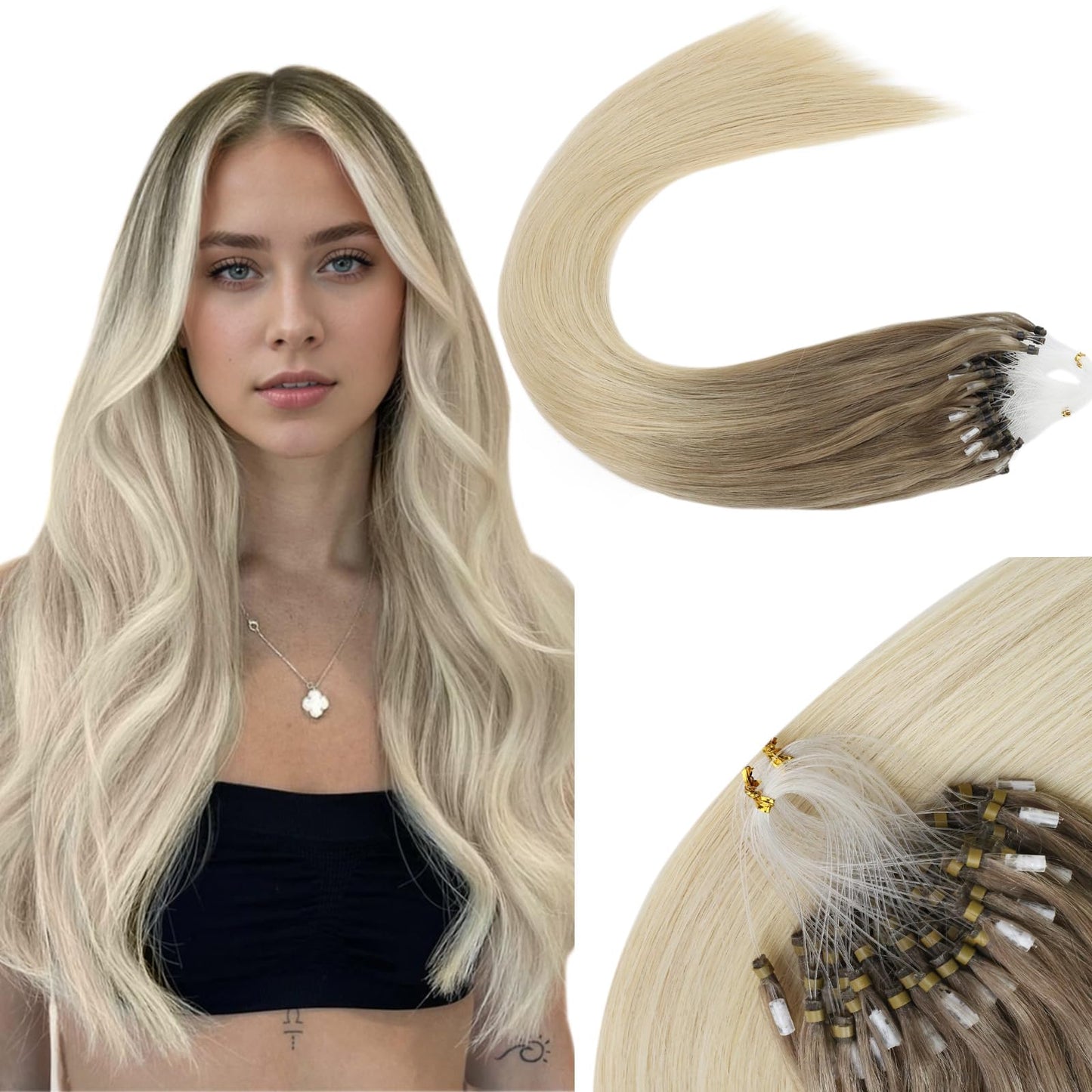 Sunny Hair Micro Bead Hair Extensions Human Hair Blonde Ombre Micro Hair Extensions Human Hair Balayage Cool Ash Grey Mix Platin