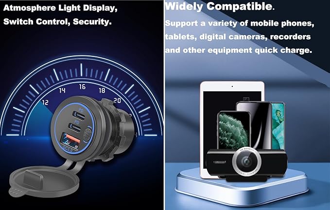 3 Ports 18W USB Car Charger with Switch, 12-24V QC 3.0 USB & Dual PD USB C Cigarette Lighter Socket, Waterproof Dashboard Mount Quick Charger for Car Motorcycle Truck Marine Boat, Green Light