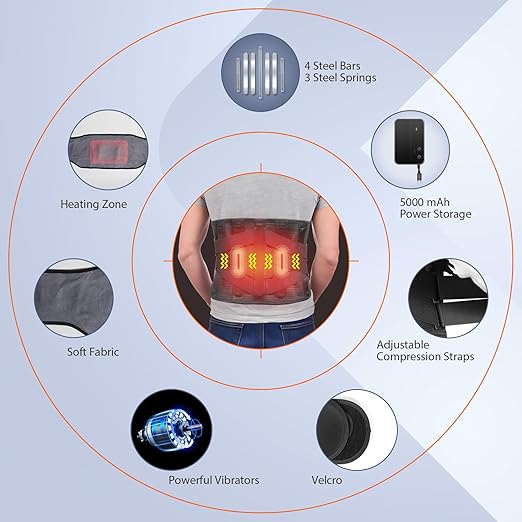 HONGJING Heated Back Massager Brace for Lower Back Pain Relief, Cordless Back Vibration Massage Belt with 3 Heating Modes and 4 Massage Modes for Sciatica and Scoliosis-XL