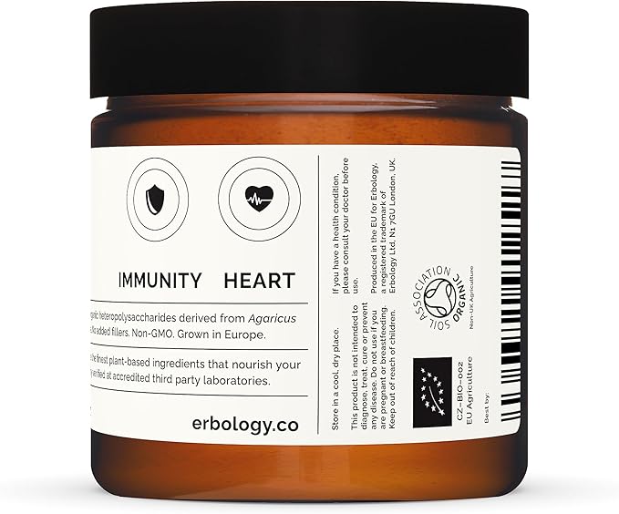 Erbology Organic Agaricus Blazei Mushroom Powder 50 Servings - 25% Beta-glucans - Immunity and Heart - Small Batch - Sustainably Grown in Europe - Vegan - Non-GMO - No Added Fillers