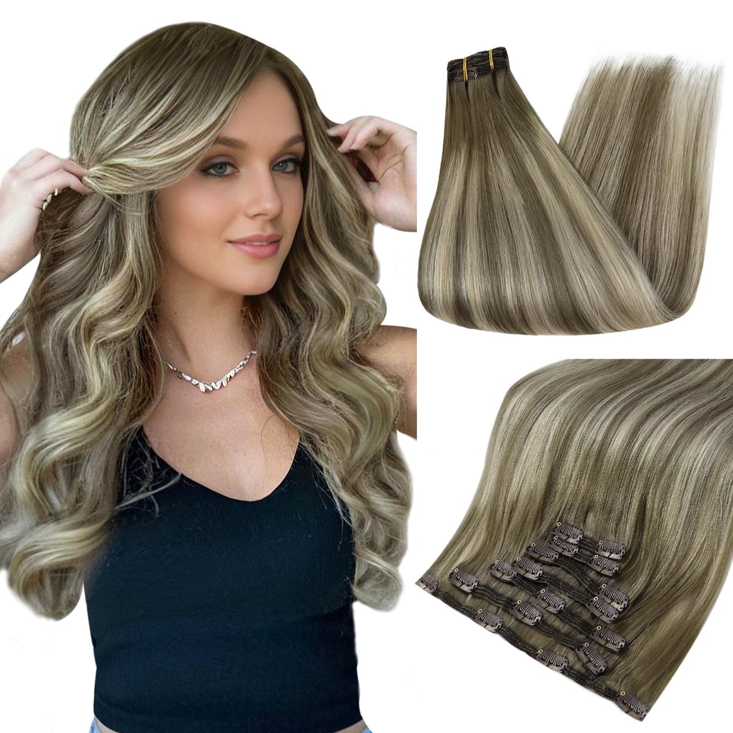 Full Shine 24 Inch Hair Extensions Real Human Hair For Extra Length Cool Taupe Ombre Hair Extensions Highlight Lightest Blonde R