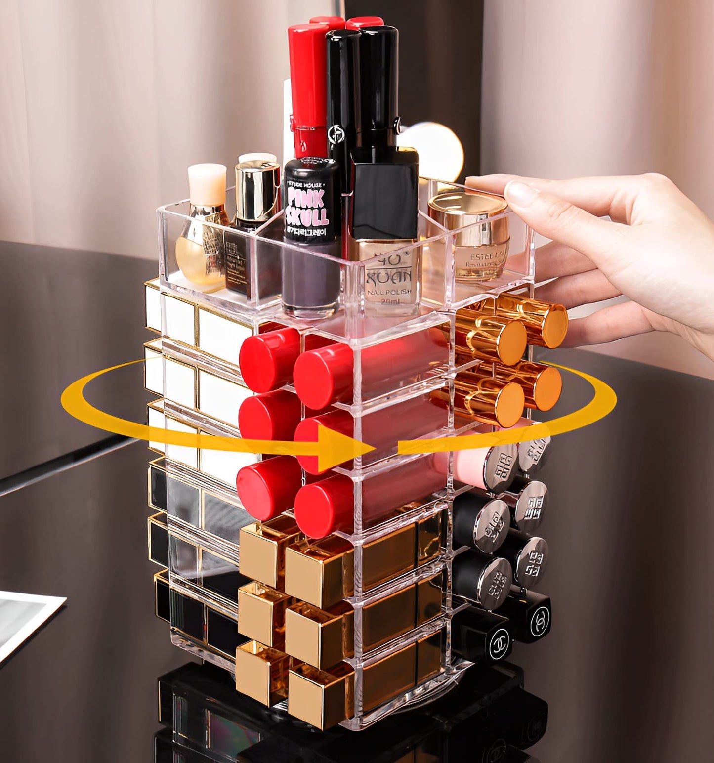 Sooyee Lipstick Organizer,53 Spaces 360 Degree Spinning Lipstick Holder,Acrylic Cosmetic Display Cases For Lipstick, Brushes, Bo