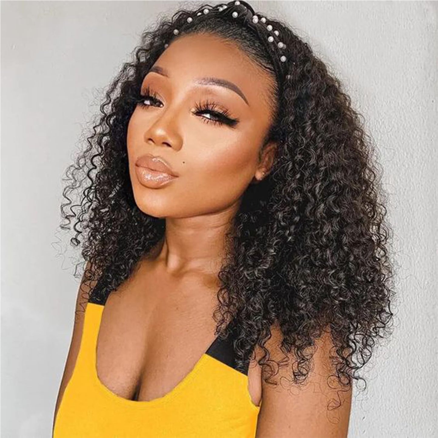 Punmasa Deep Wave Headband Wig Human Hair 16 Inches Glueless None Lace Front Wigs Machine Made 150% Density Natural Color Human