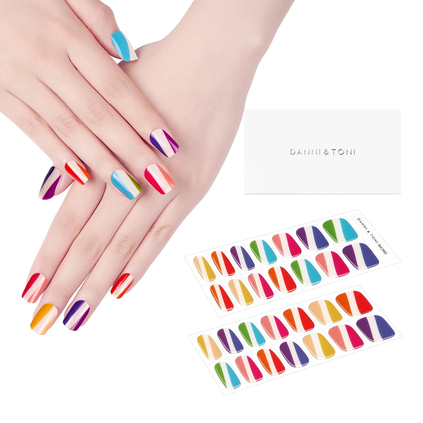 Danni & Toni Semi Cured Gel Nail Strips Multicolored (Spotlight) Bright Gel Nail Stickers 28 Stickers Red Blue Purple White