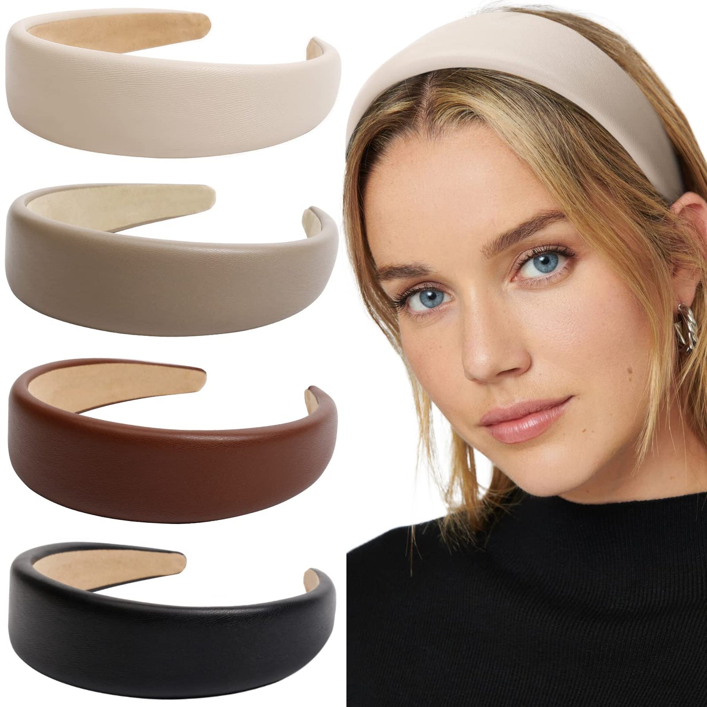 WOVOWOVO Leather Headband for Women - 4Pcs Wide Headbands Fashion Thick Hair Head Bands Diademas Para Mujer De Moda Hair Accesso