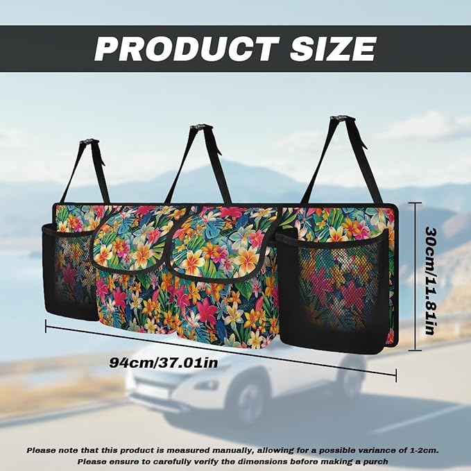 Colorful Tropical Flower Car Trunk Organizer, Large Capacity Auto Backseat Hanging Storage Bag with Adjustable Strap & 4 Pockets, Car Back Seat Cargo Bag, Car Interior Accessories