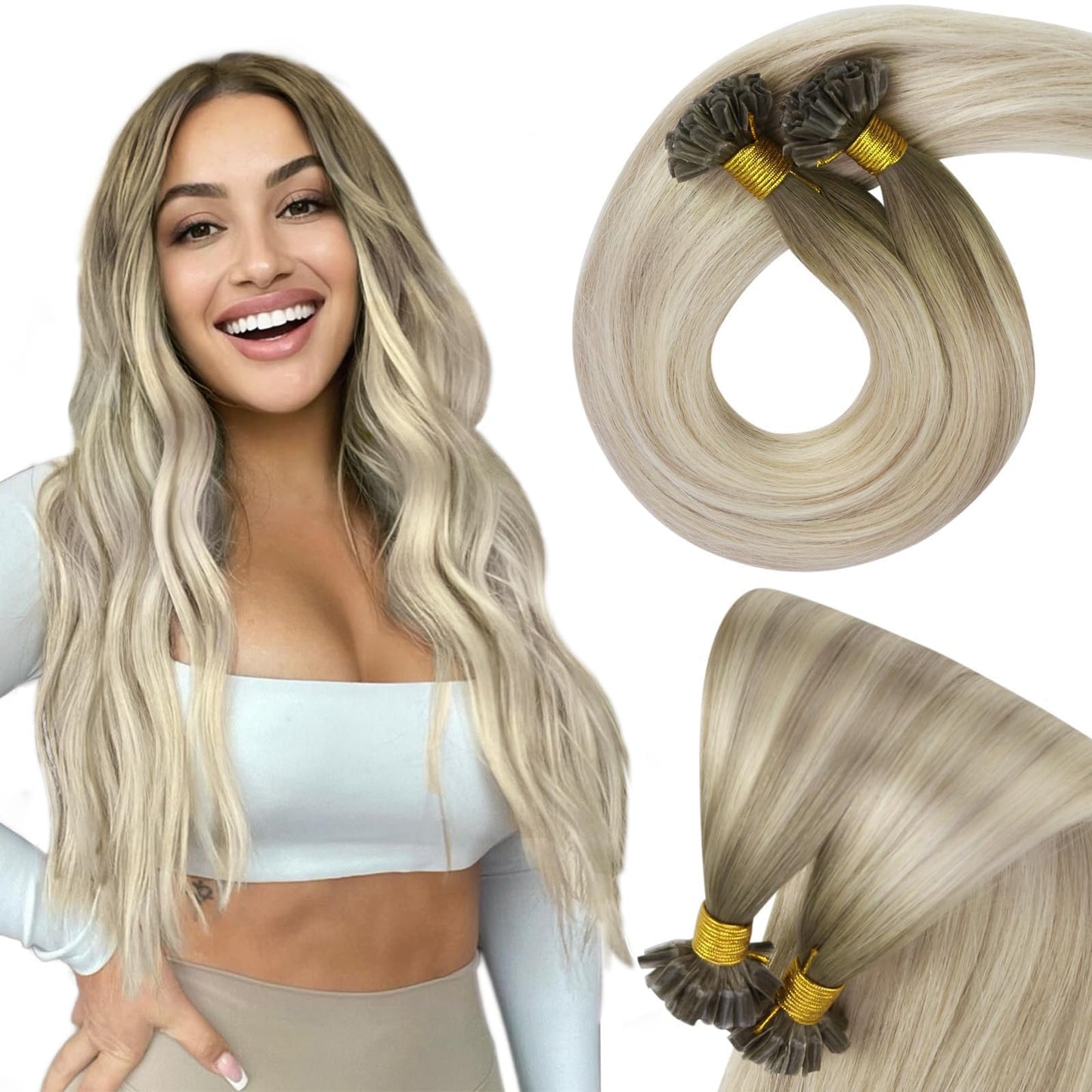 Sunny Blonde U Tip Hair Extensions Human Hair Hot Fusion U Tip Hair Extensions Ombre Cool Ash Grey Balayage Platinum Blonde U Ti