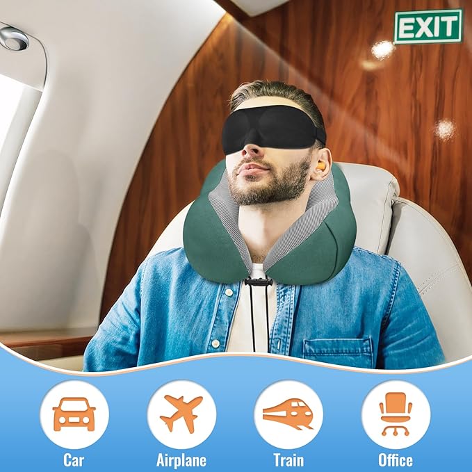 CloudBliss Travel Pillow Premium Memory Foam, Comfortable & Supportive Neck Pillow, Sleeping Neck Pillows for Travel, Airplane Pillow for Sleeping Airplane, Car, Office and Home(Green)