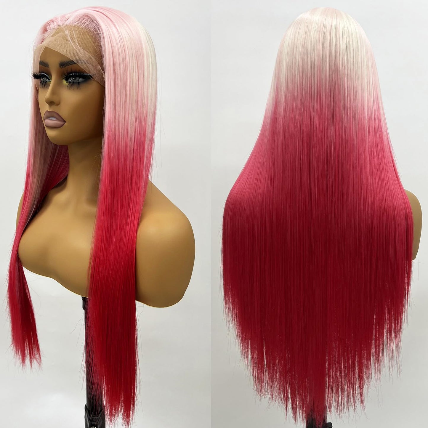 Giannay White Ombre Red Wig Straight Hair Lace Front Wigs Two Mix Color Synthetic Lace Front Wig For Women (Straight White To Re