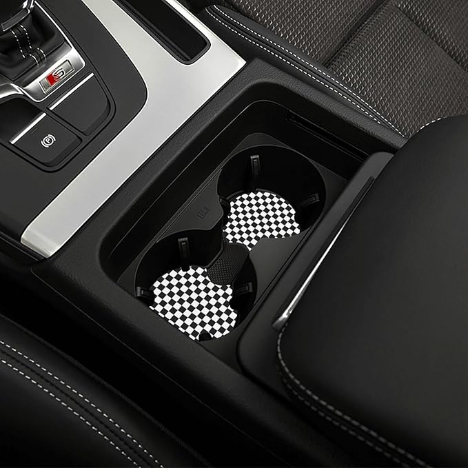 Black and White Checkered Steering Wheel Cover Wheel Cover Anti-Slip Breathable Universal for 15 Inch Car Steering Wheel Cover with 2 Pieces Car Coasters Suitable for Men Women