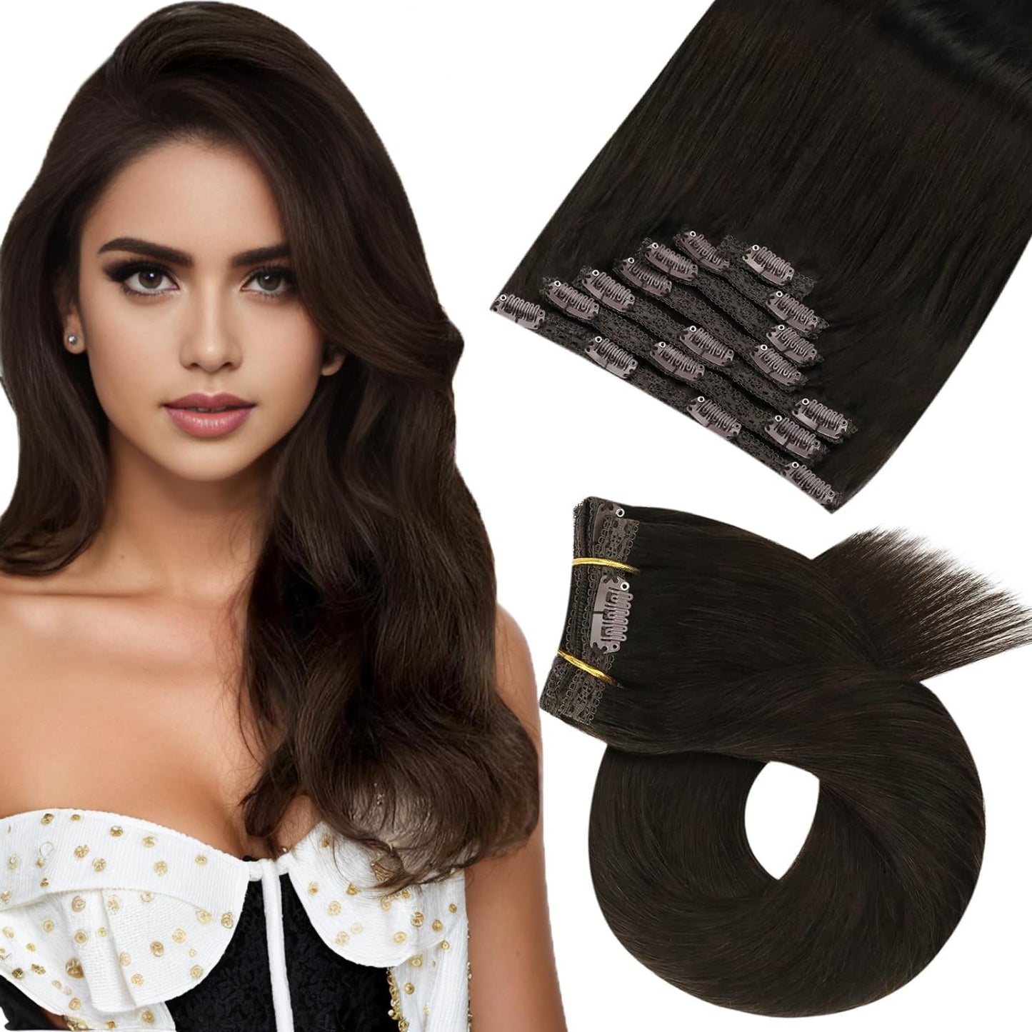 Moresoo Clip In Hair Extensions Real Human Hair Brown Hair Extensions Clip In Human Hair Darkest Brown Human Hair Clip In Extens