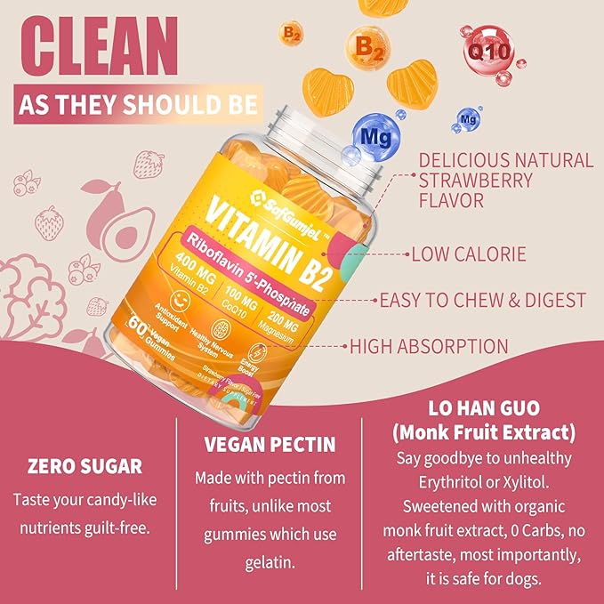 Vitamin B2 Gummies, Riboflavin 400mg for Adults & Kids with Magnesium & CoQ10 for Energy & Nervous System Support, Sugar Free B2 Vitamin VIT B, Non GMO, Vegan, 120 Counts