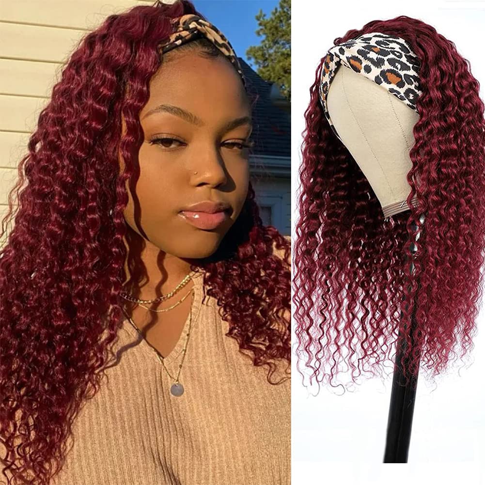 Lauberita Headband Wig Human Hair 99J 12 Inch 180% Density Burgundy Deep Wave Headband Wig 100% Human Hair Wigs Curly Glueless W