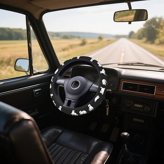 Steering Wheel Cover Accessories Neoprene Cover, Breathable Non-Slip Easy to Install Suitable for Women Men, 14.5-15.5 Inch for Car SUV Van Truck Universal - Lazy Kitten