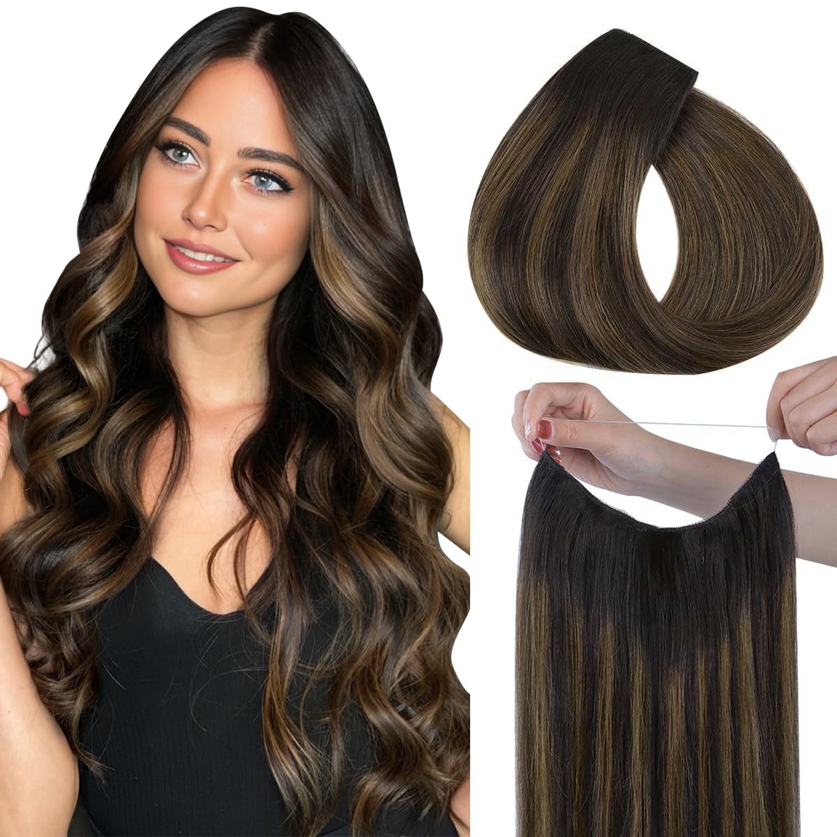 Hotbanana Wire Hair Extensions, 14 Inch 75G Dark Brown To Chestnut Brown Invisible Fish Line Real Human Hair Extensions Straight