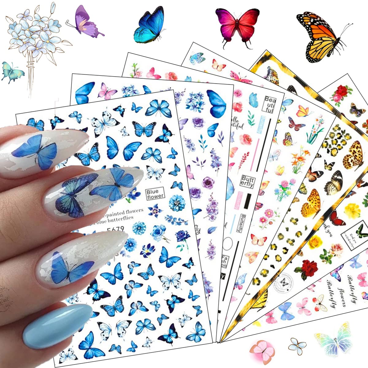 Butterfly Nail Art Stickers, 3D Self-Adhesive Nail Decals Colorful Butterflies Spring Flowers Nail Designs For Acrylic Nails Sup