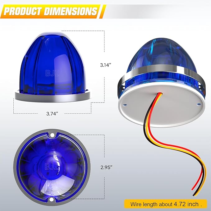 BJZ 4Pcs Blue Watermelon LED Strobe+Constant Marker Lights Dual Function Watermelon-Shaped Side Marker Clearance Tail Top Cap Roof Lights for Trailer Truck Semi-Trailer Heavy-Duty Truck Bus Van