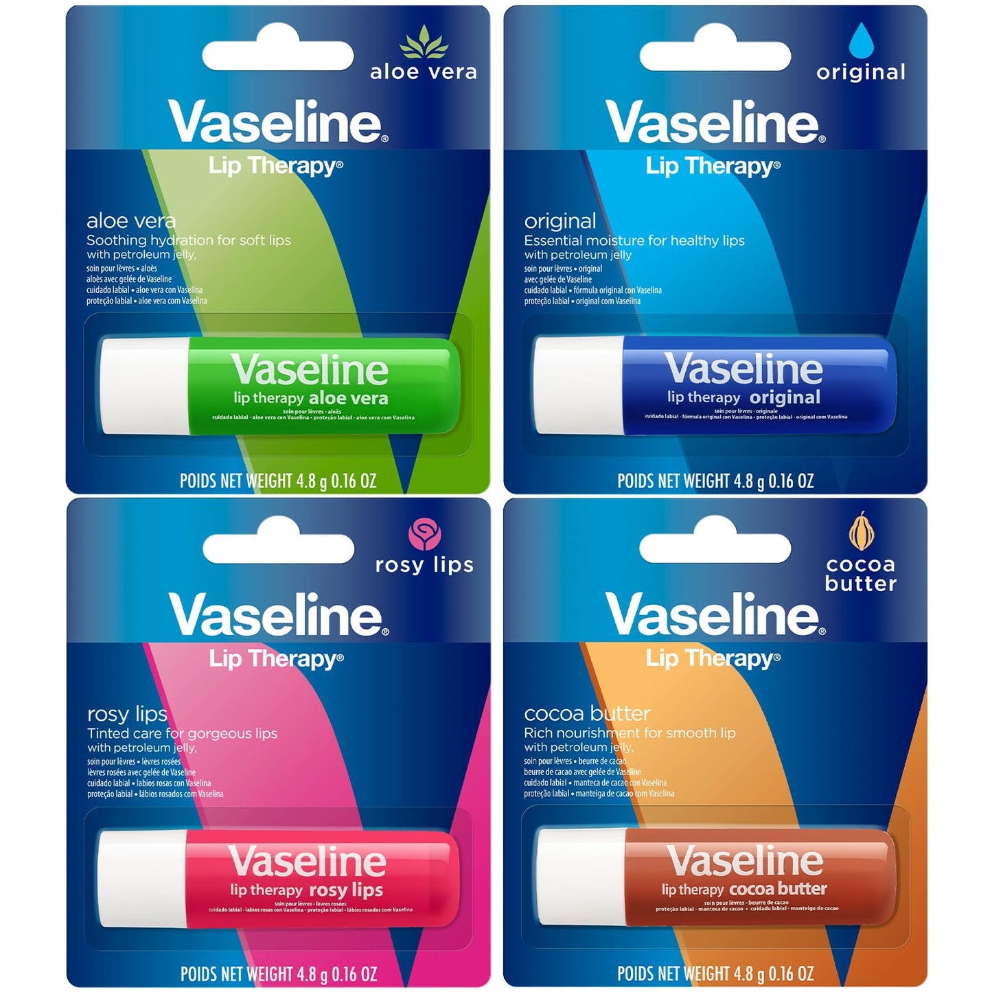 Vaseline Lip Therapy Variety 4-Pack, Moisturizing Lip Balm With Vitamin E, 0.16 Oz Ea