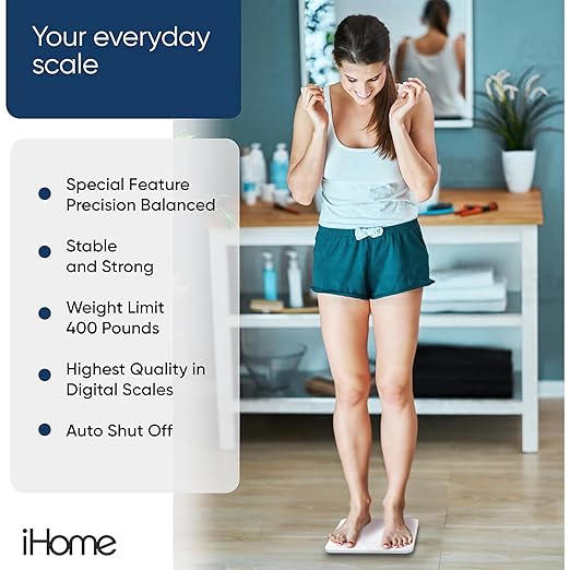 iHome Digital Scale, Bathroom Scale, Batteries Included, Scale Body Weight, Weight Scale, Digital Scale, Bathroom Scales for Weight, Digital Scales for Body Weight, Weight Scales Bathroom (White)
