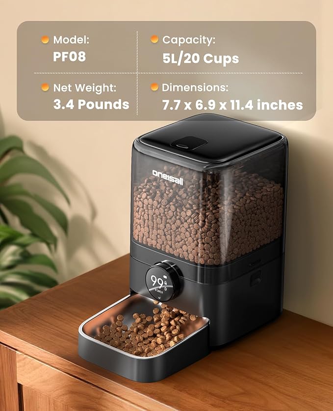 oneisall Cordless WiFi Automatic Cat Feeder, Rechargeable 100-Day Battery Operated Pet Feeder, 20 Cups/5L Timed Cat Food Dispenser for Large Kibble, Smart App Control (Black)