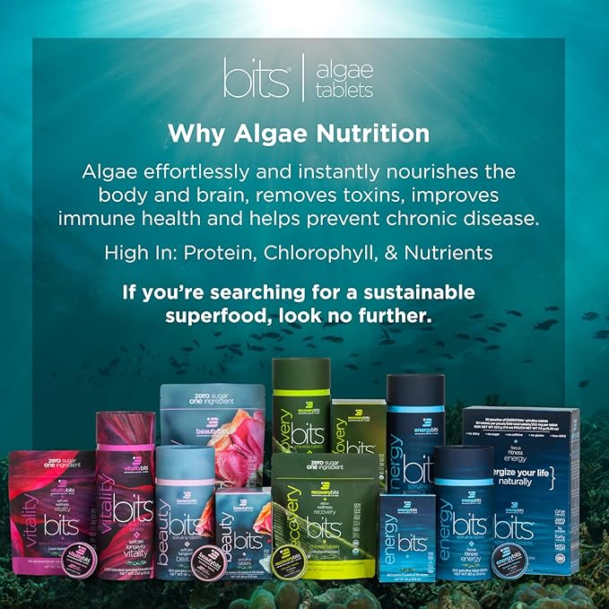 ENERGYBITS - Organic Spirulina Tablets - Plant-Based Algae Superfood - for Focus, Fitness, Energy - Plant Protein - Gluten Free - Collagen, Vitamin B12, Omega 3 - Keto & Vegan - 1000 Algae Tablets
