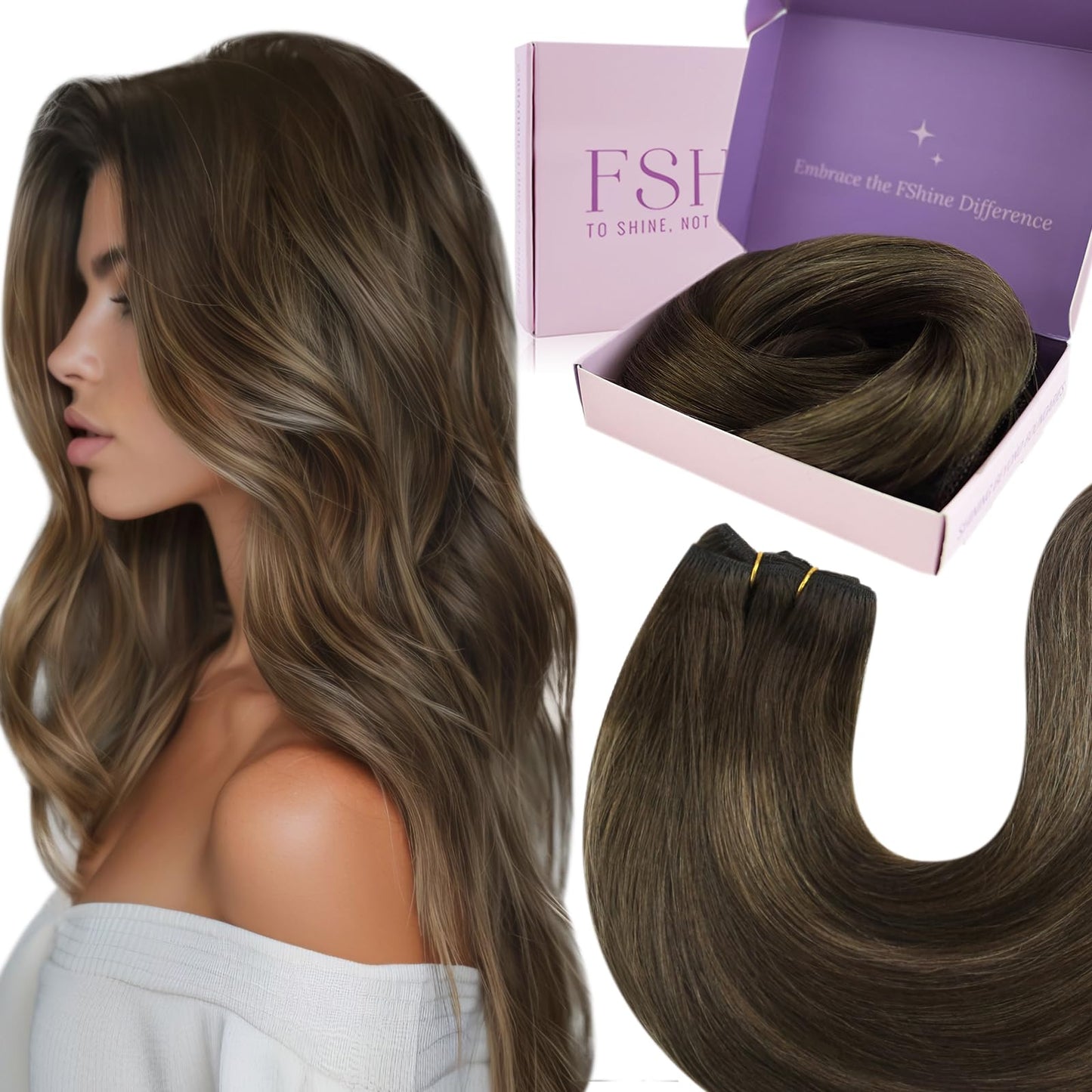 Fshine Brazilian Hand Tied Weft Hair Extensions Human Hair 16Inch 100G Balayage Darkest Brown Mixed Light Brown Straight Remy Ha