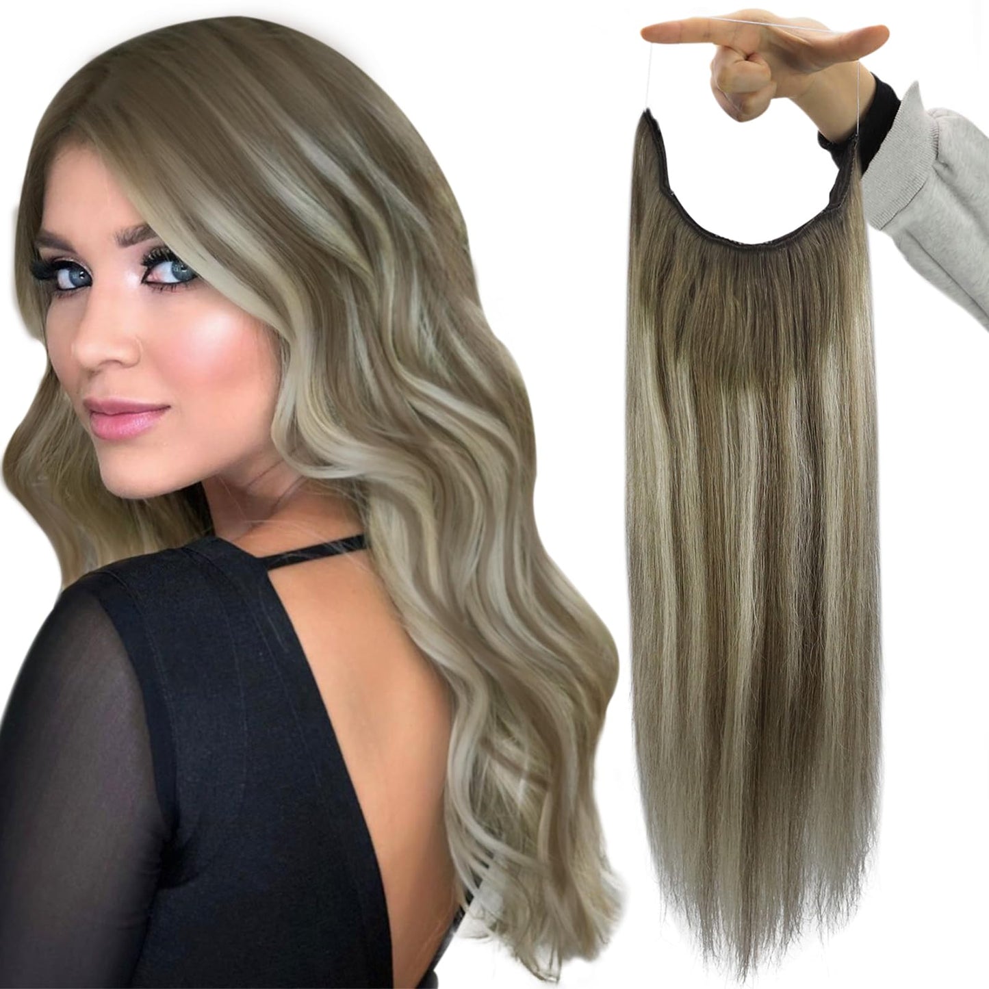 Fshine Invisible Wire Hair Extensions Real Human Hair Color 7/800/7 Ash Brown To Blonde Mix Brown Wire Hair Extensions Fish Line