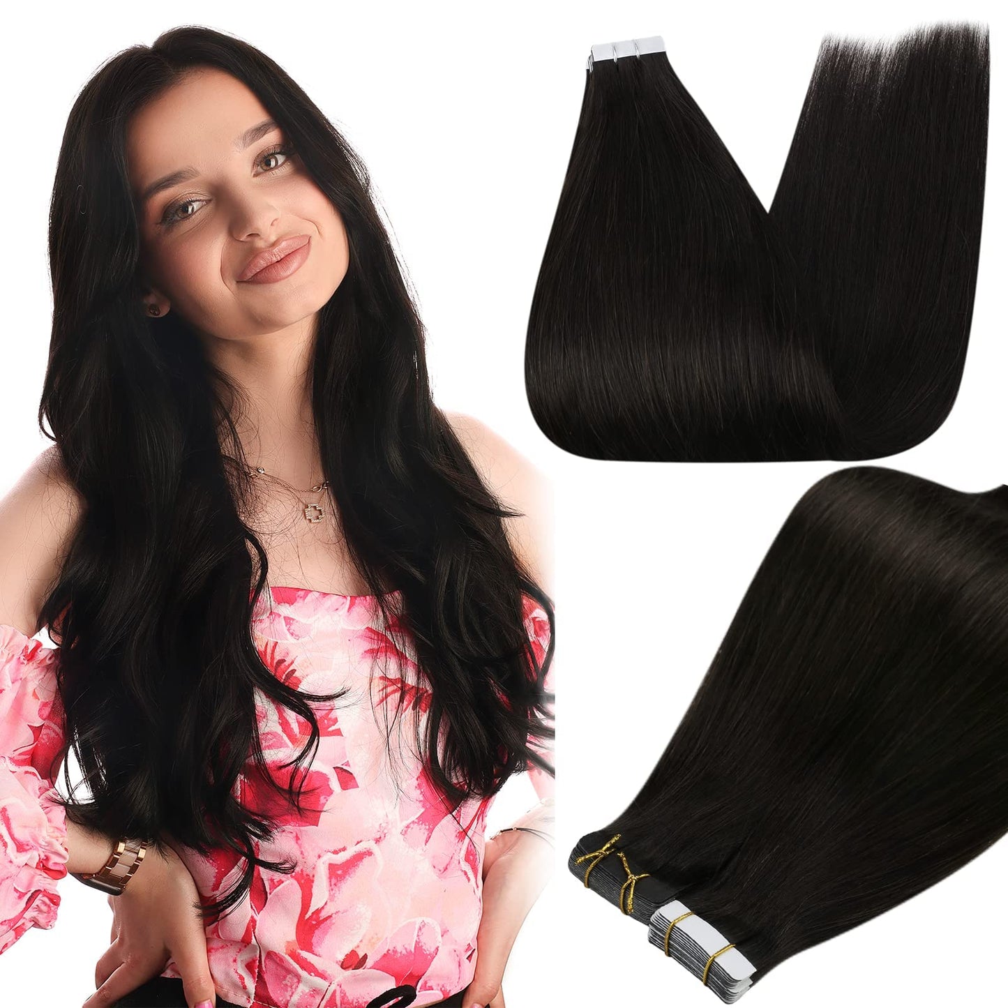 Full Shine Tape In Human Hair Extensions Off Black Tape In Extensions Double Side Color 1B Skin Weft Real Human Hair Extensions
