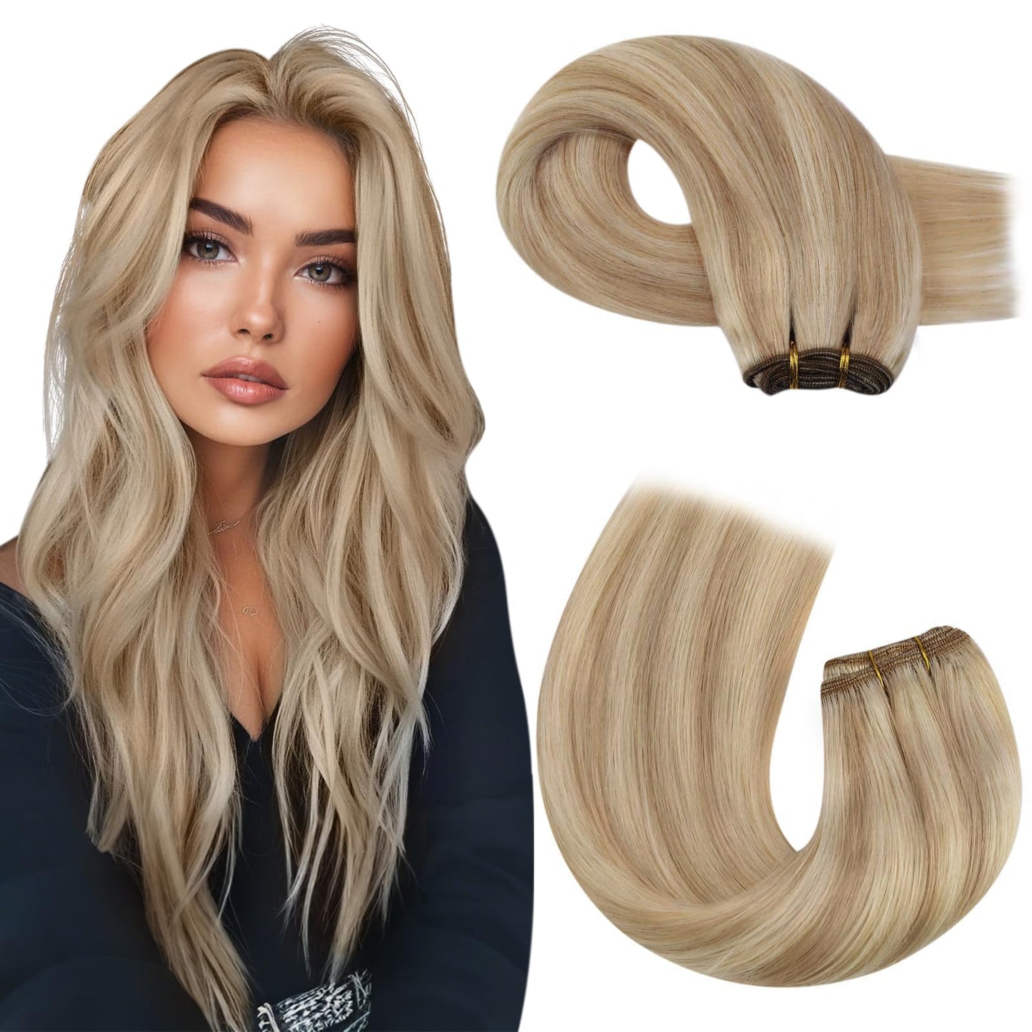 Moresoo Sew In Hair Extensions Real Human Hair Blonde Weft Hair Extensions Dark Ash Blonde Highlighted With Golden Blonde Remy H