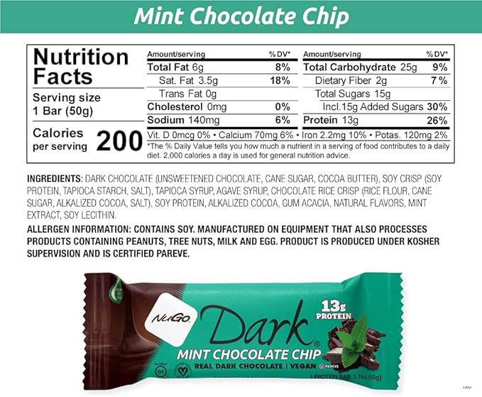 NuGo Dark Mint Chocolate Chip, 13g Protein Bar, Vegan, Gluten Free, Non-GMO, Kosher Pareve, 24 Count