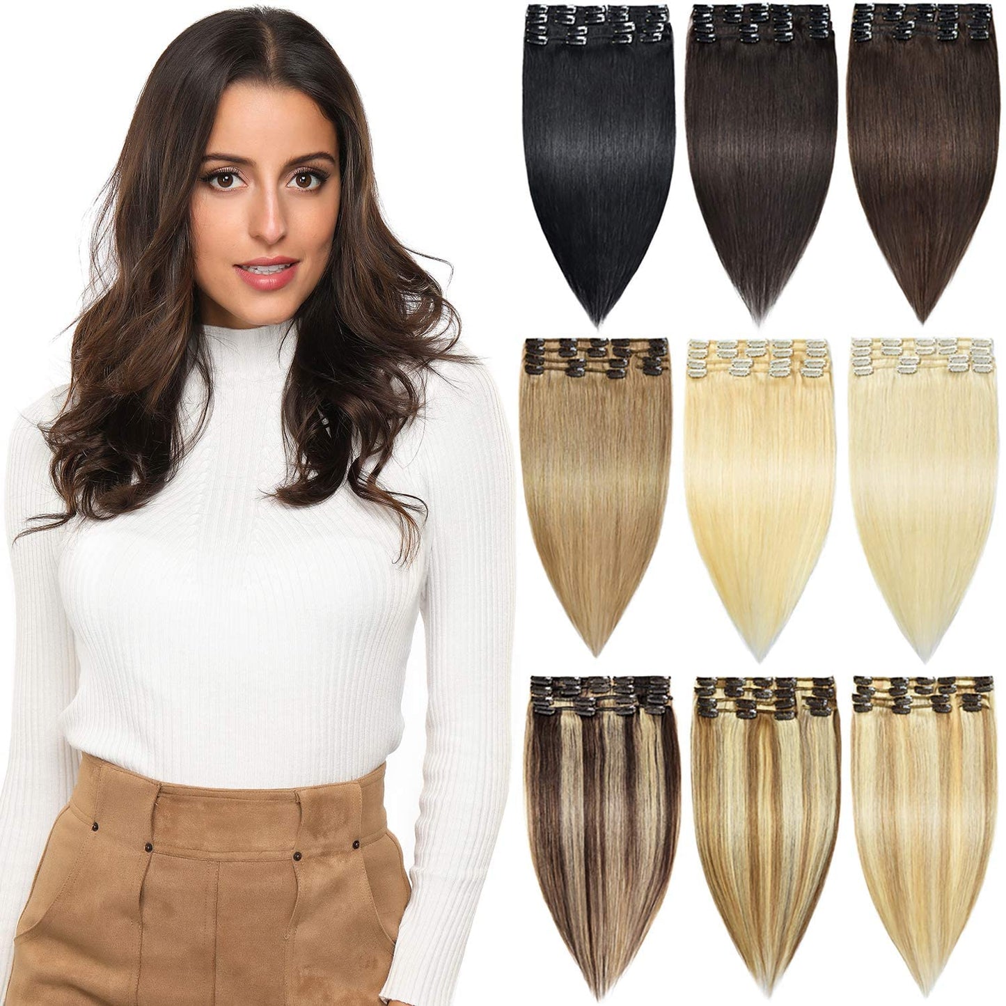 Rosebud Clip In Hair Extensions Remy Human Hair 8Pcs 18 Clips 65G/Set 14 Inch Dark Blonde