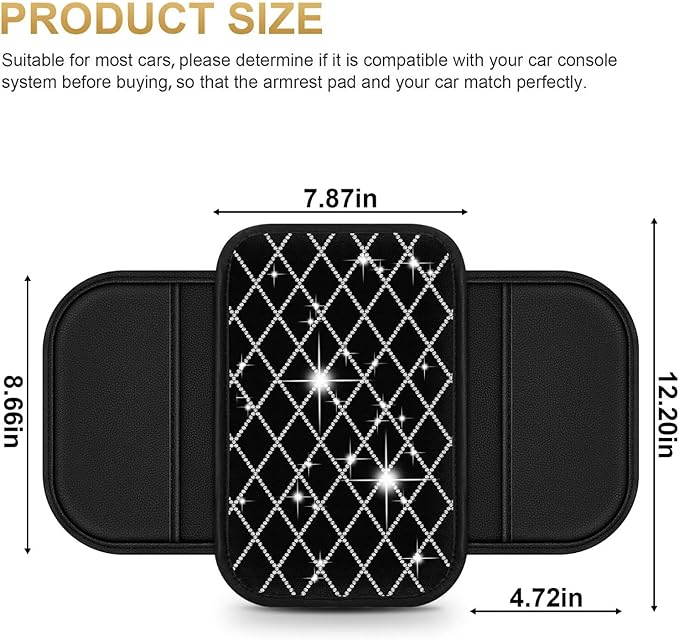 Bling Center Console Cover with 2 Side Pockets Fit for Avalon Multi-Functional Car Armrest Cushion Diamond-Studded Rhombus Pattern Style(Black&Silver Diamond)