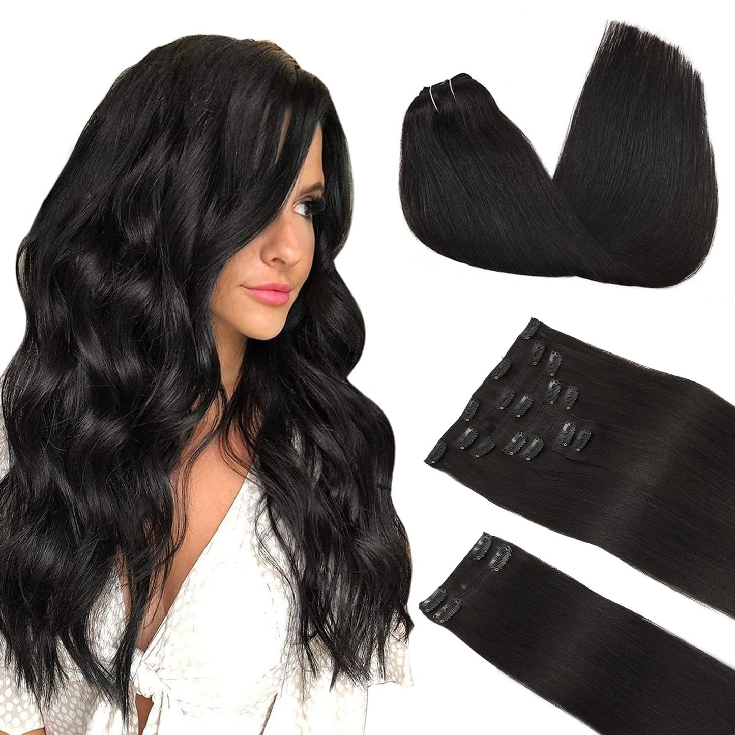 Doores Human Hair Extensions Clip In, Natural Black 150G 9Pcs 24 Inch, Clip In Extensions Human Hair Natural Remy Hair Extension