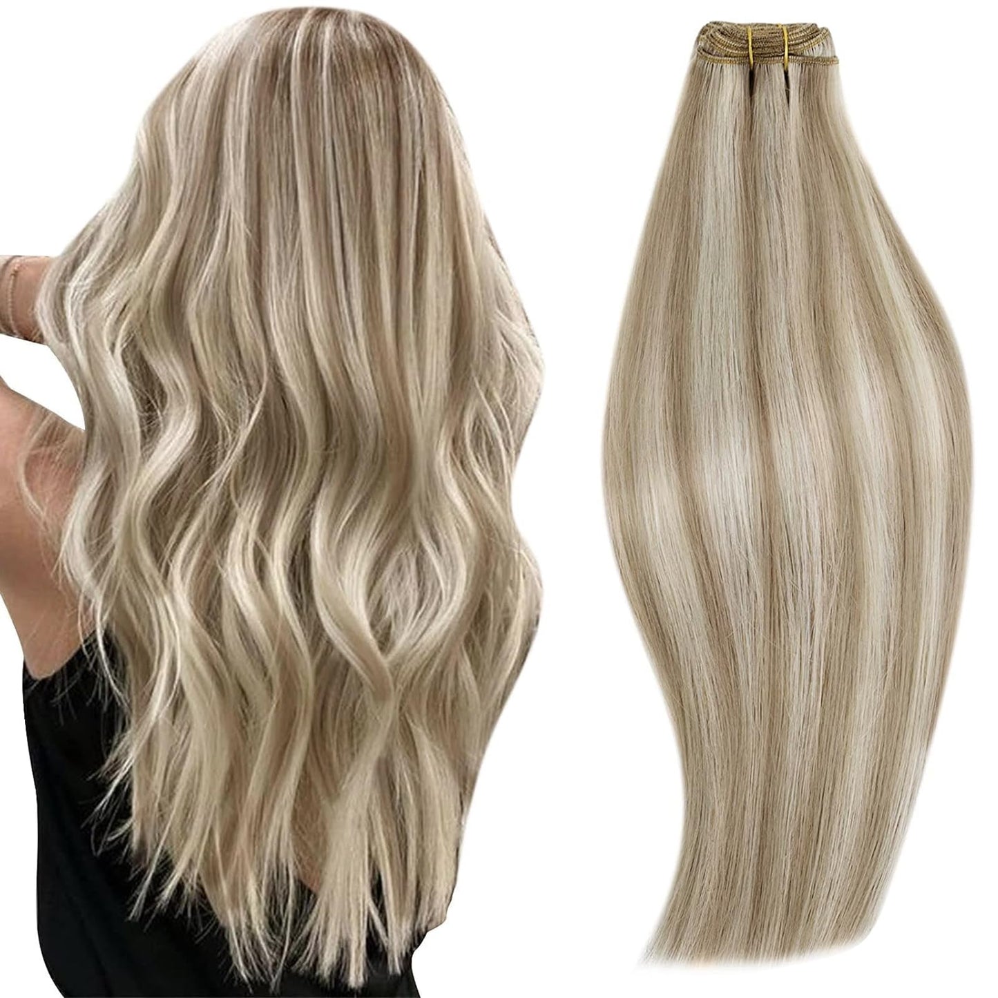 Runature Blonde Weft Hair Extensions Human Hair 18 Inch 100G Long Wefts Human Hair Extensions Ash Brown Highlight Platinum Blond