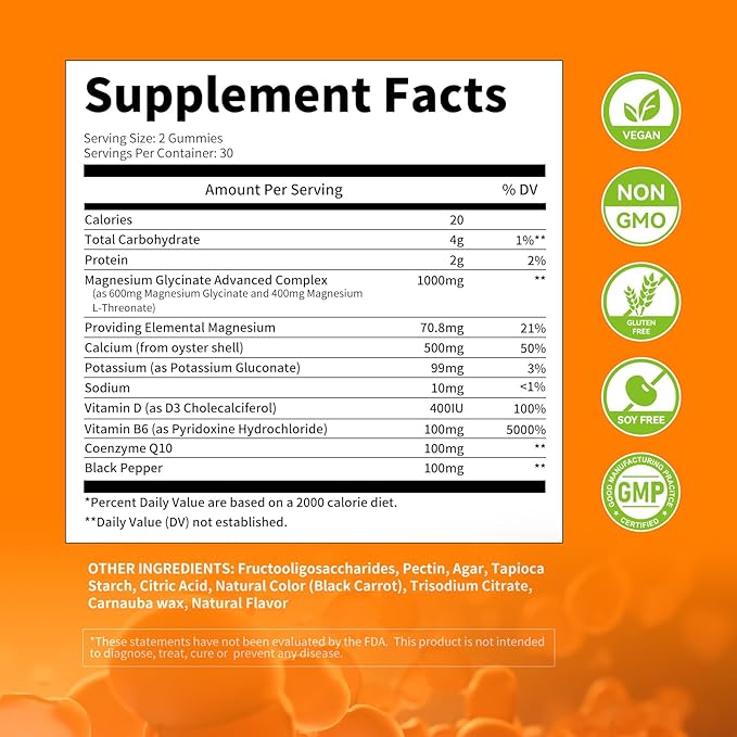 Magnesium Glycinate Gummies 1000mg - for Adults Magnesium Potassium Supplement with Vitamin D, B6, CoQ10 for Calm Mood & Sleep Support - 60 Orange Gummies -1 Pack