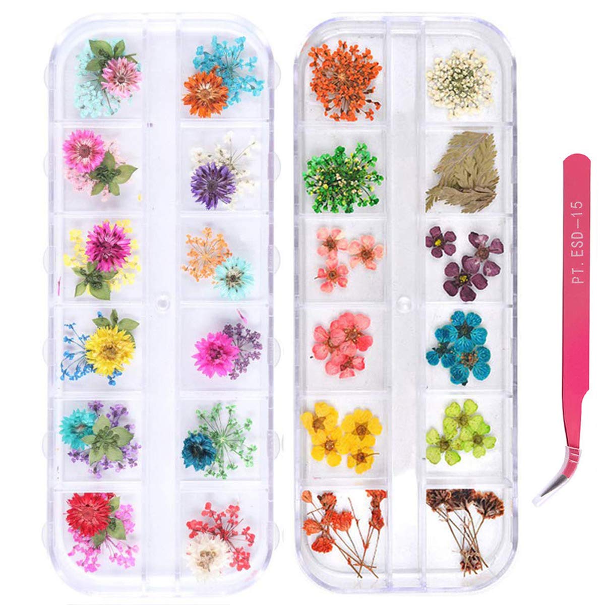 2 Boxes Nail Art Dried Flowers,Unime 24 Colors Dry Flowers Mini Real Natural Flowers Nail Art Supplies 3D Applique Nail Decorati