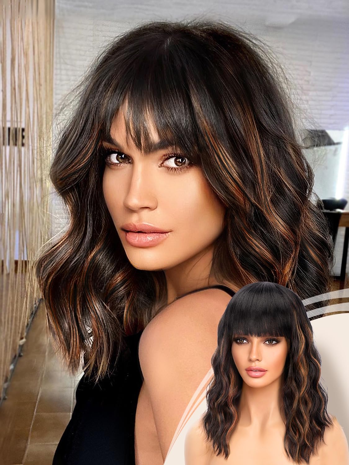 Nnzes Black Mixed Brown Wig With Bangs Short Bob Wavy Wigs Synthetic Curly Wig For Women Natural Looking Heat Resistant Fiber Ha
