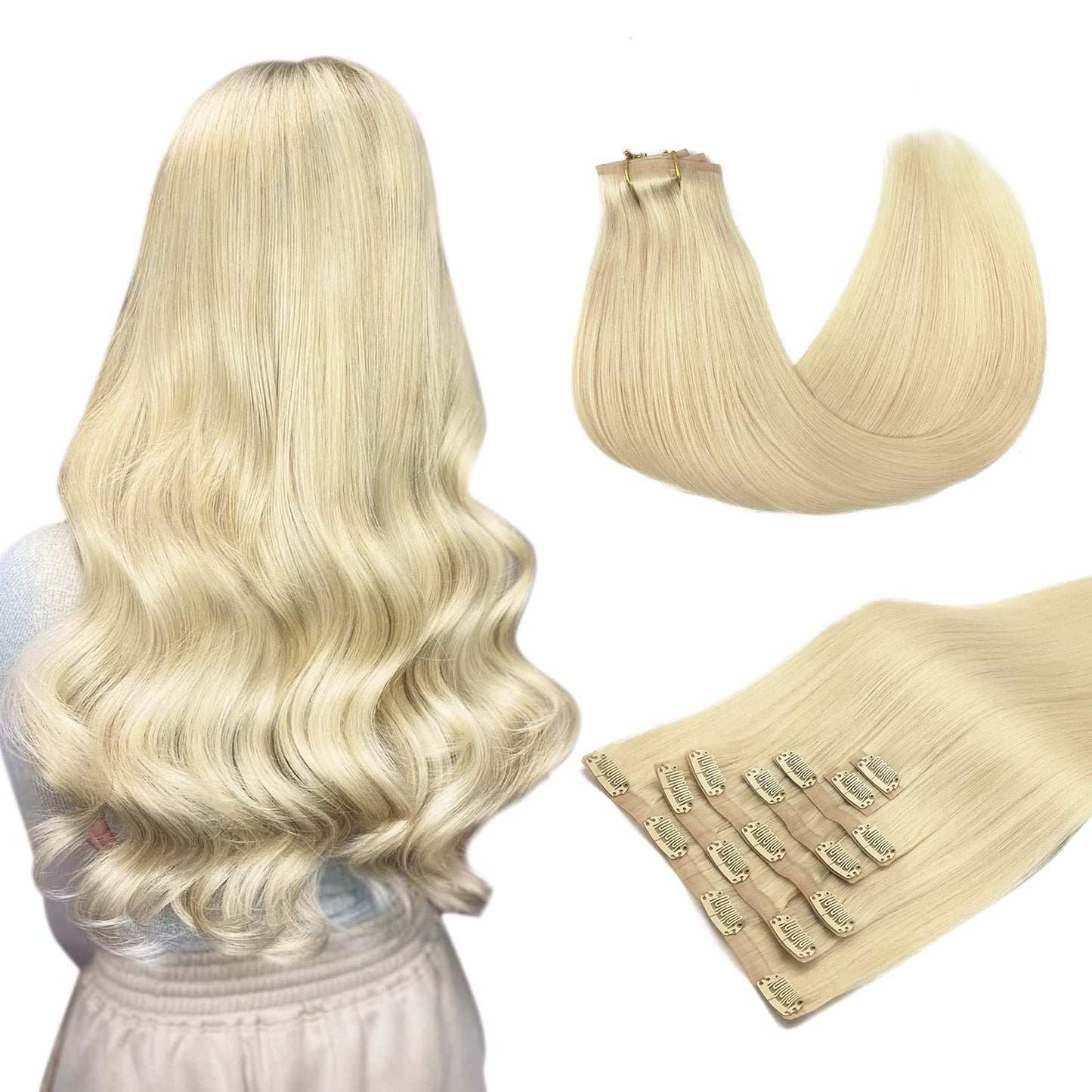 Maxita Clip In Hair Extensions Real Human Hair, Bleach Blonde 110G 7Pcs 22 Inch, Seamless Hair Extensions Clip In Human Hair Rem