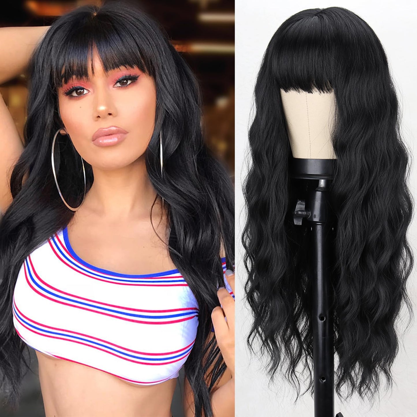 Merisihair Long Black Wig With Bangs,26 Inches Synthetic Wavy Bang Black Wigs For Women, Women Long Curly Heat Resistant Black H