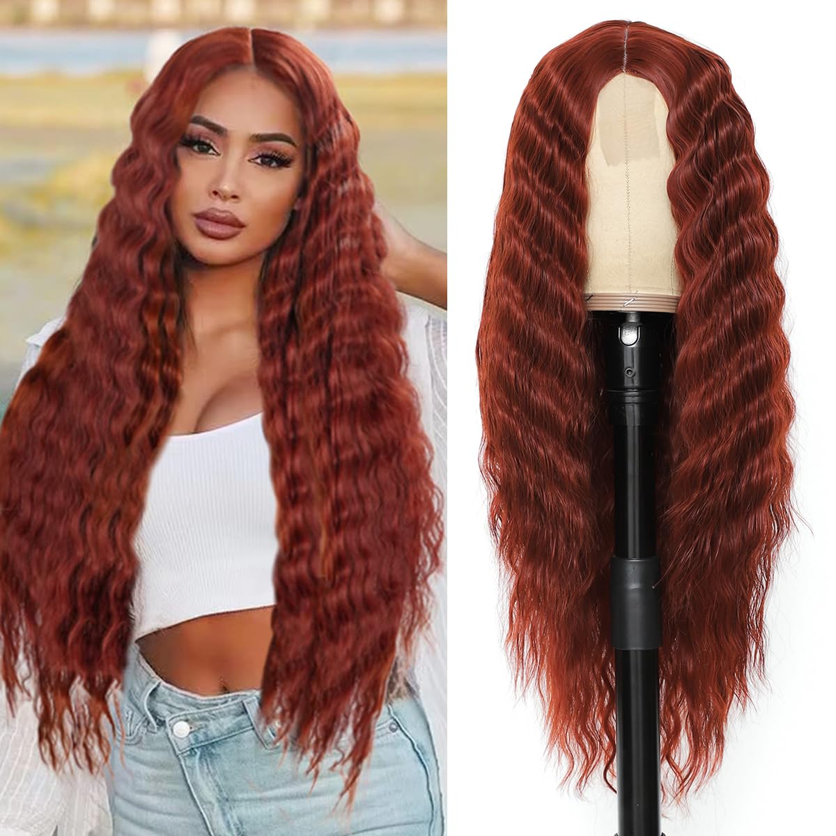 Instastyle 30Inch Curly Wig Long Synthetic Wigs For Black Women Ginger Red Deep Wave Synthetic Curly Wig Lace Front With 4'' Sim